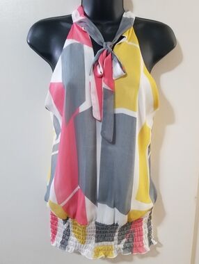 Charlotte Russe Tie Neck Blouse Smocked Hem Sleeveless Top Sz M